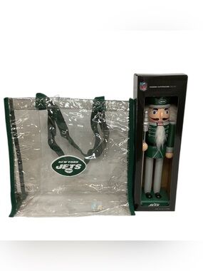 NFL New York Jets Stadium Clear Tote Bag & 12” Wooden Nutcracker Bundle NEW